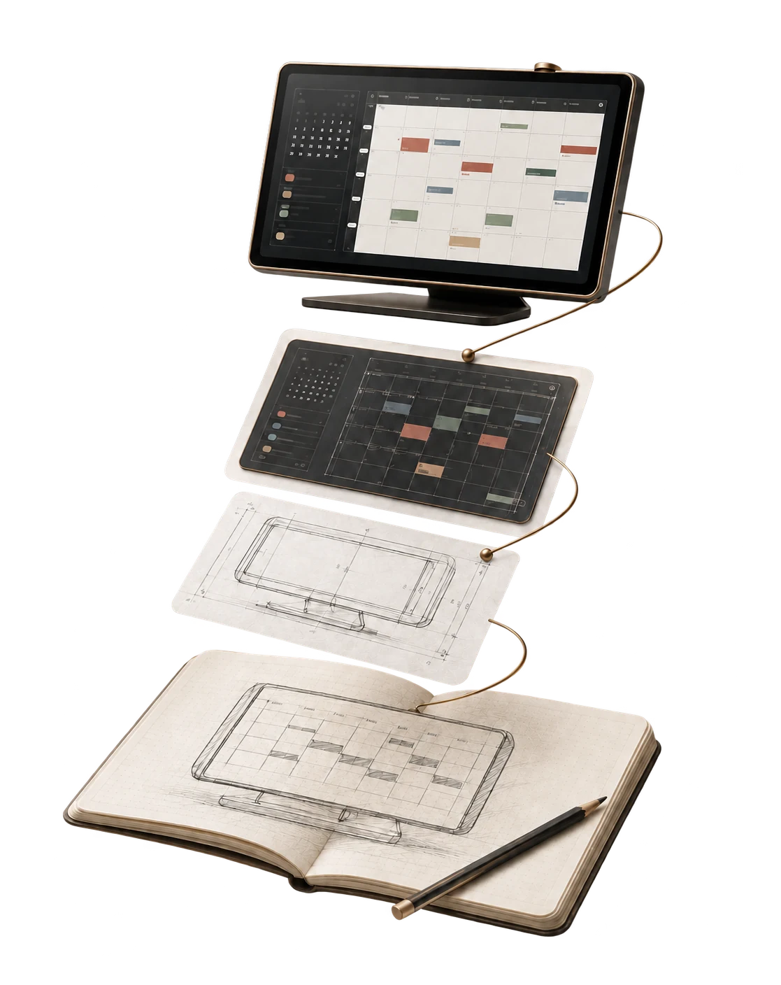 Product concept sketches evolving into a finished device