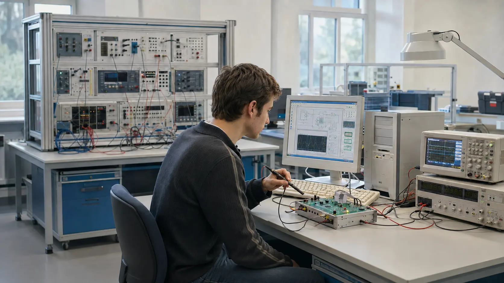 A systems engineering student tests a compact prototype beside a large university lab bench
