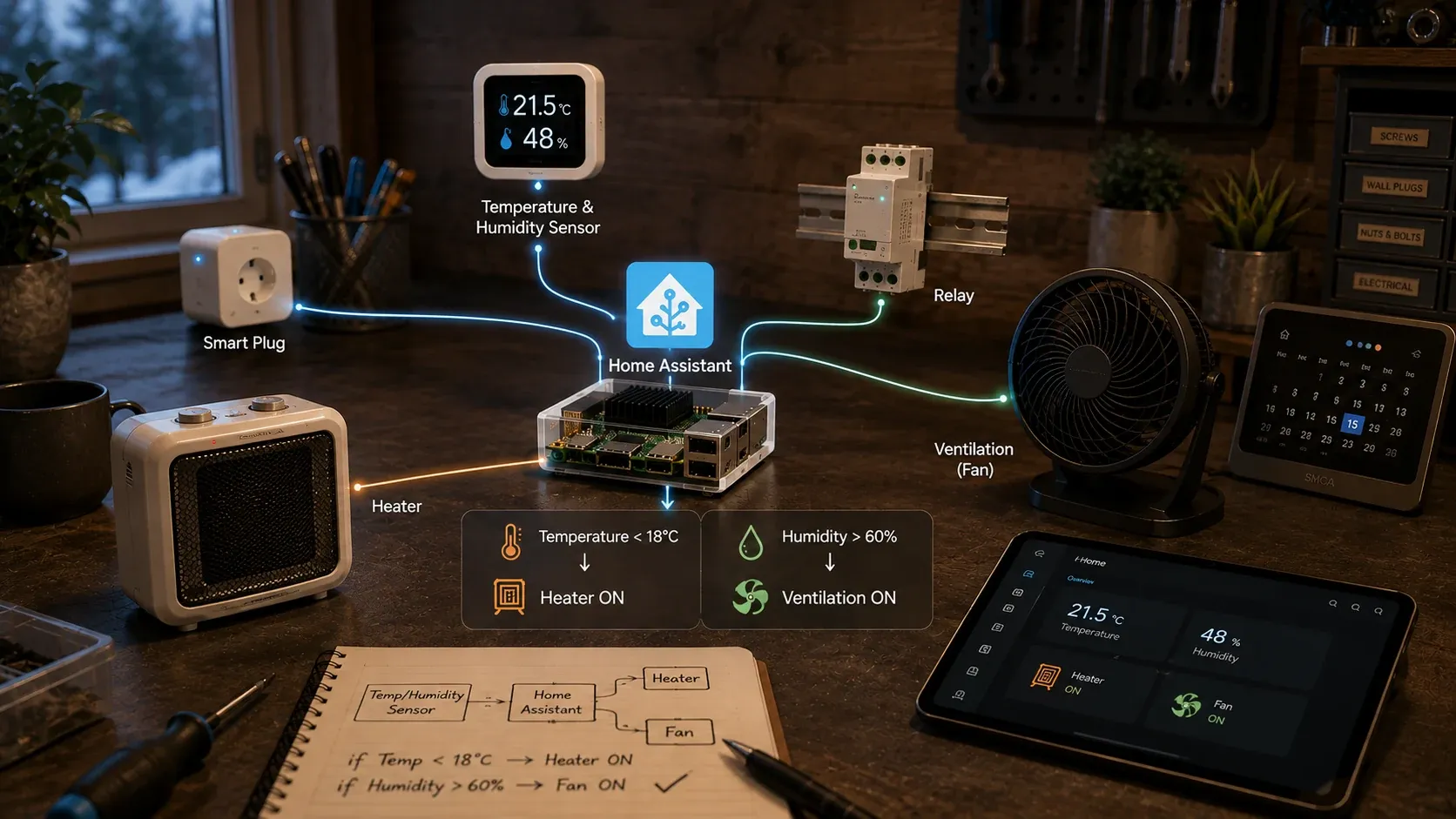 The first real breakthrough: Home Assistant turns unrelated sensors, switches, heating, and ventilation into one automation.