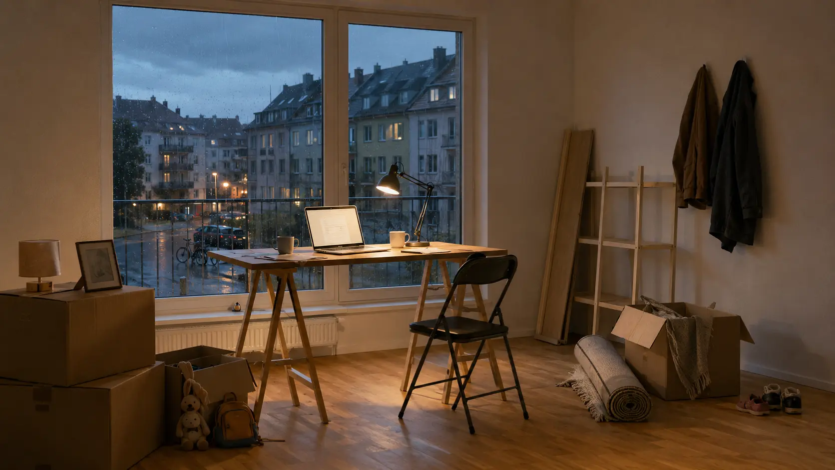 An almost empty apartment on the first evening after a family move to Germany