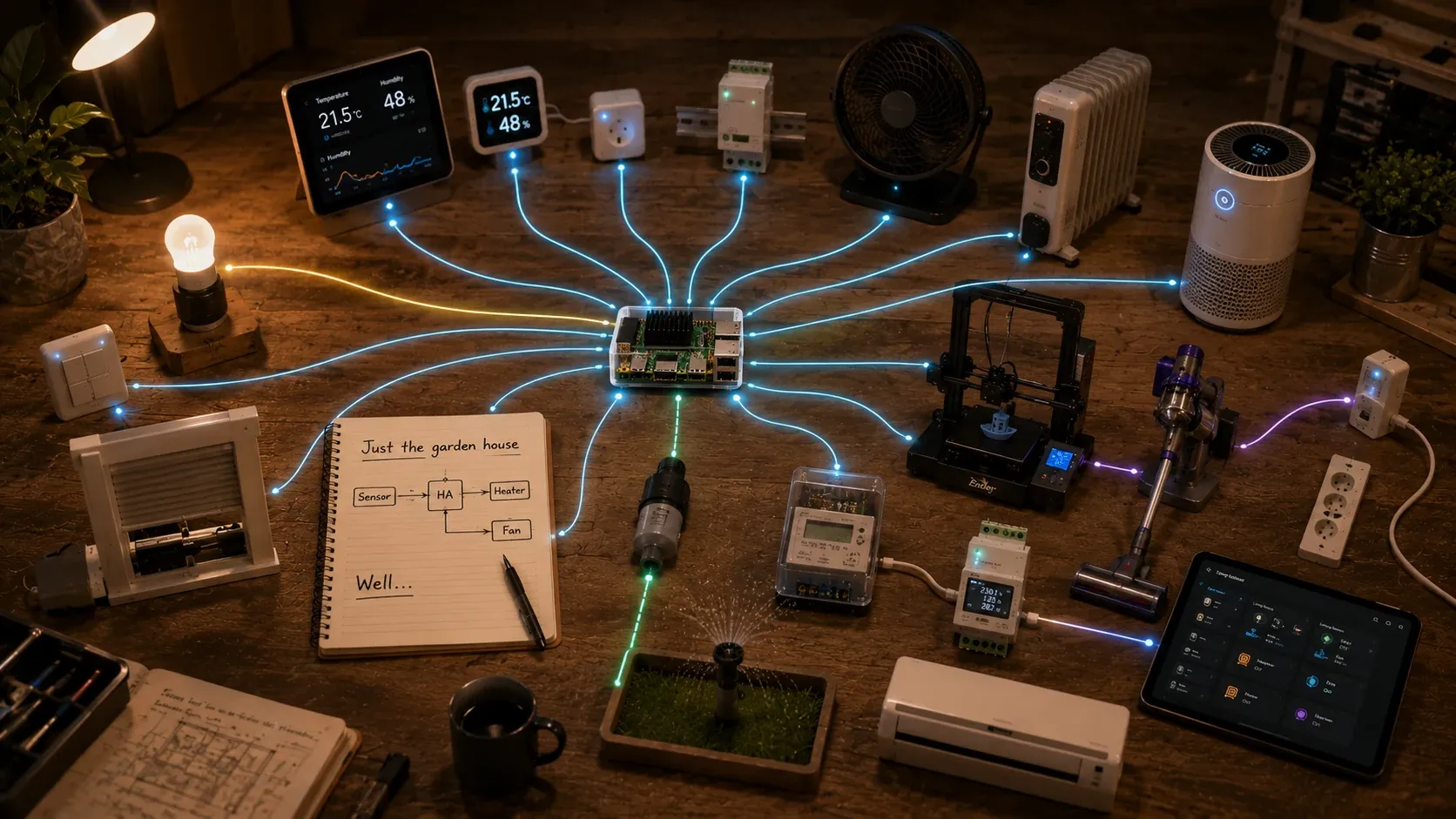 What started as "just the garden house" gradually expanded into lights, shutters, climate, energy, a 3D printer, Dyson, irrigation, and more.