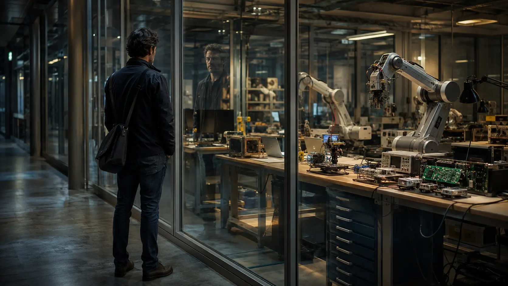 An established software engineer looks through glass into an evening university robotics lab