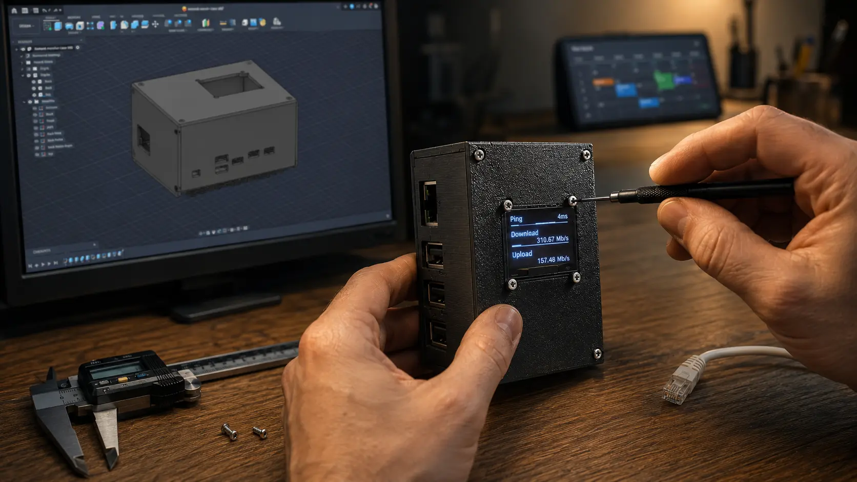 An engineer completes the real Internet Monitor beside its matching CAD model