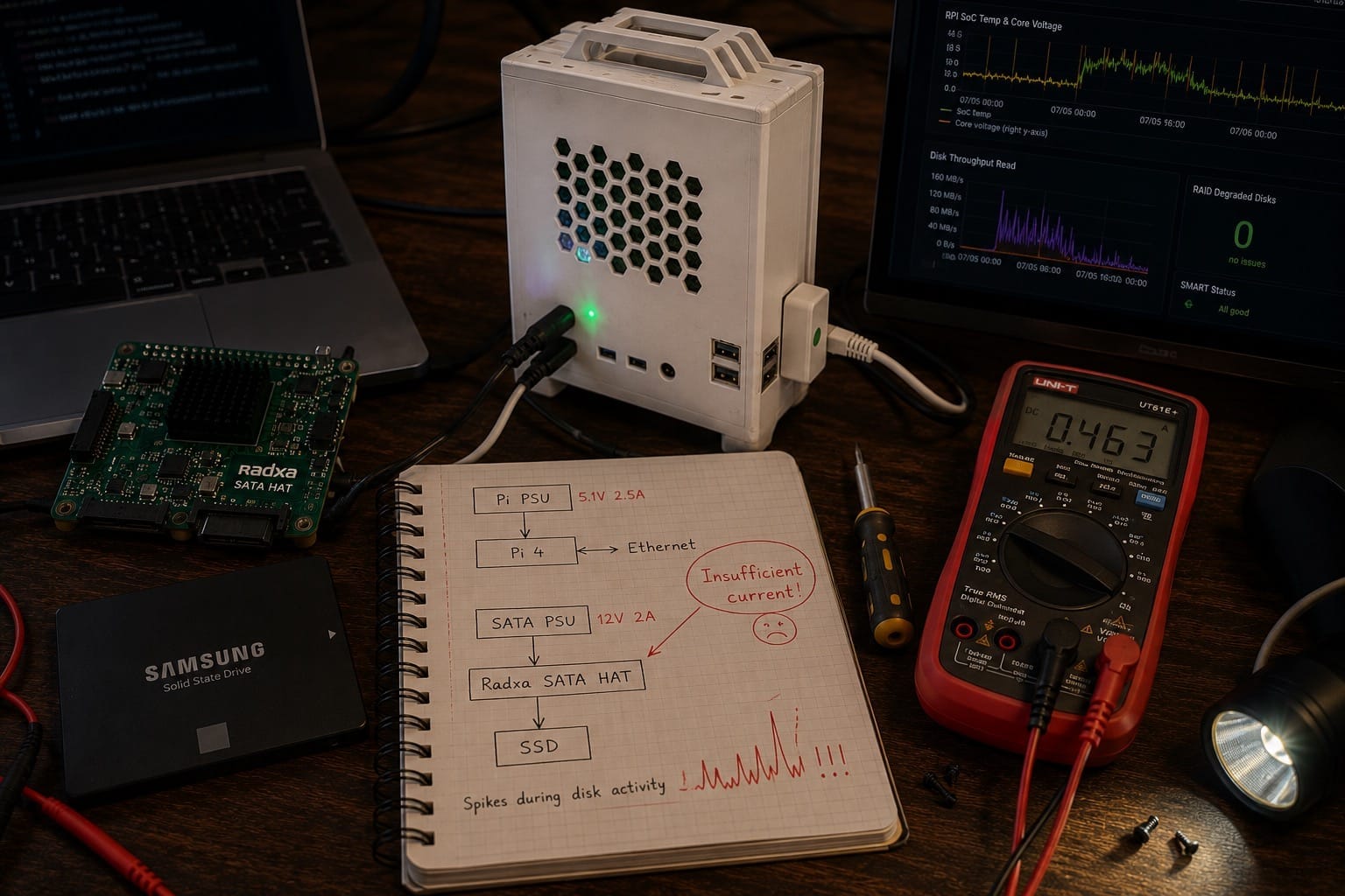 Power diagnosis layout with Raspberry Pi, SATA HAT, power supplies, SSDs, and the insufficient current hypothesis.