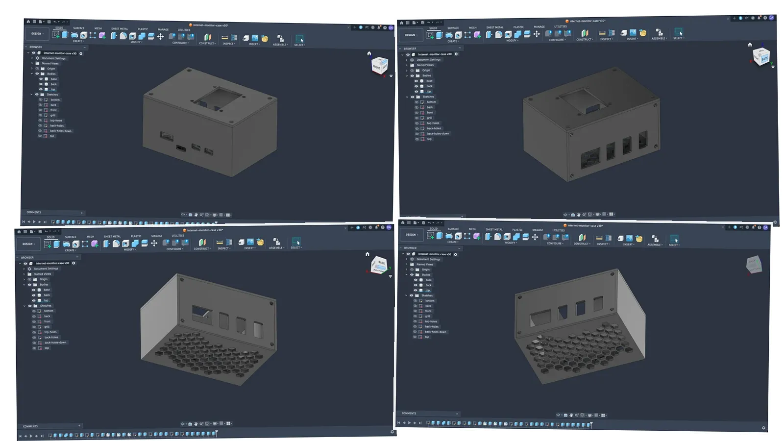 Fusion 360 iterations of the custom enclosure.