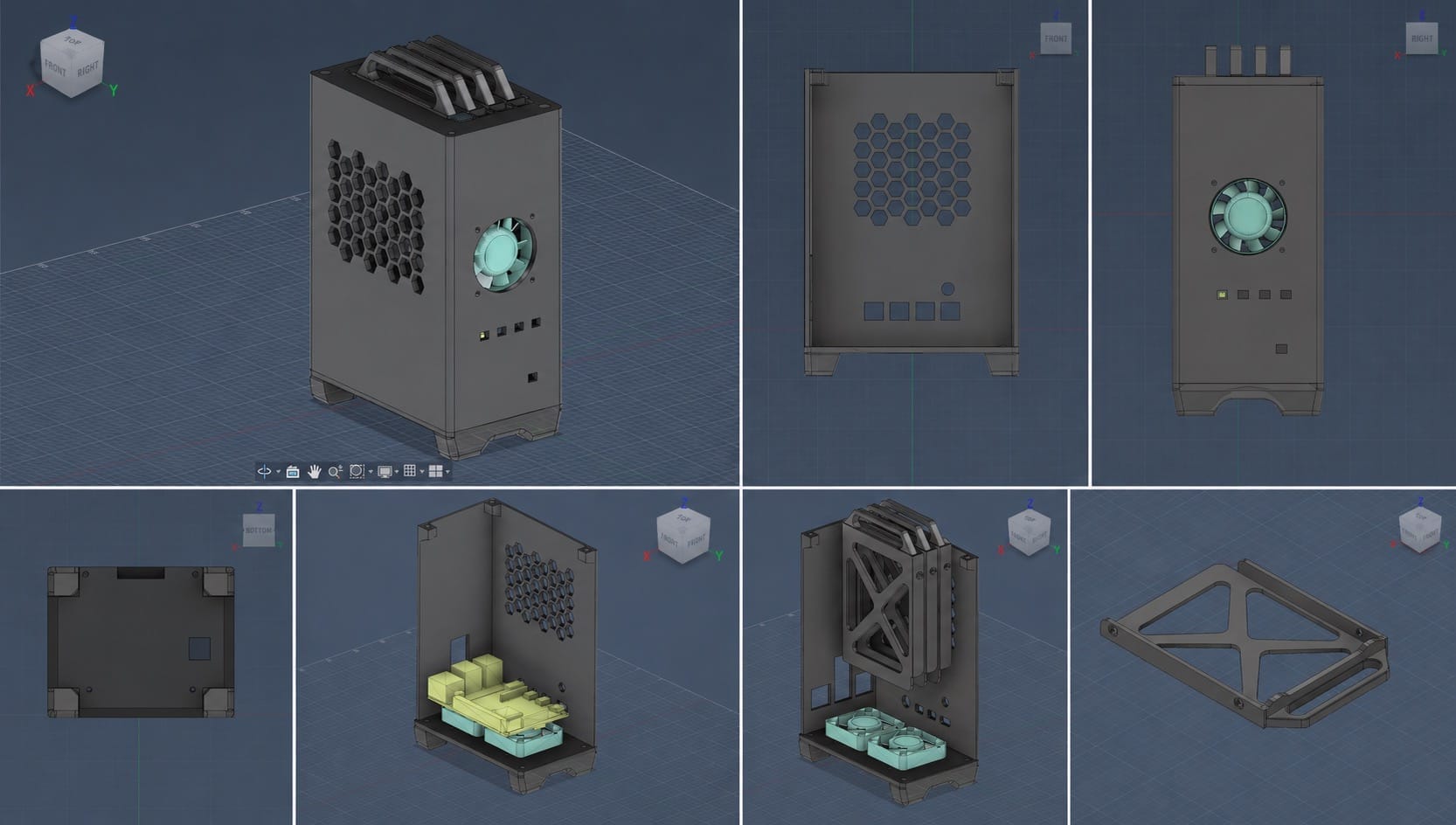 Fusion 360 collage showing the NAS enclosure, honeycomb ventilation, fan placement, internal layout and removable SSD tray design.