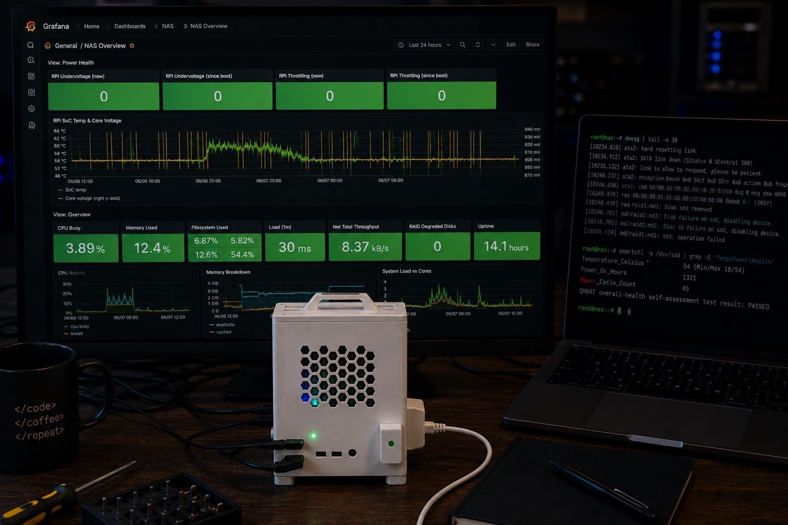 Grafana dashboard, terminal logs, and the real NAS used to correlate symptoms with system metrics.