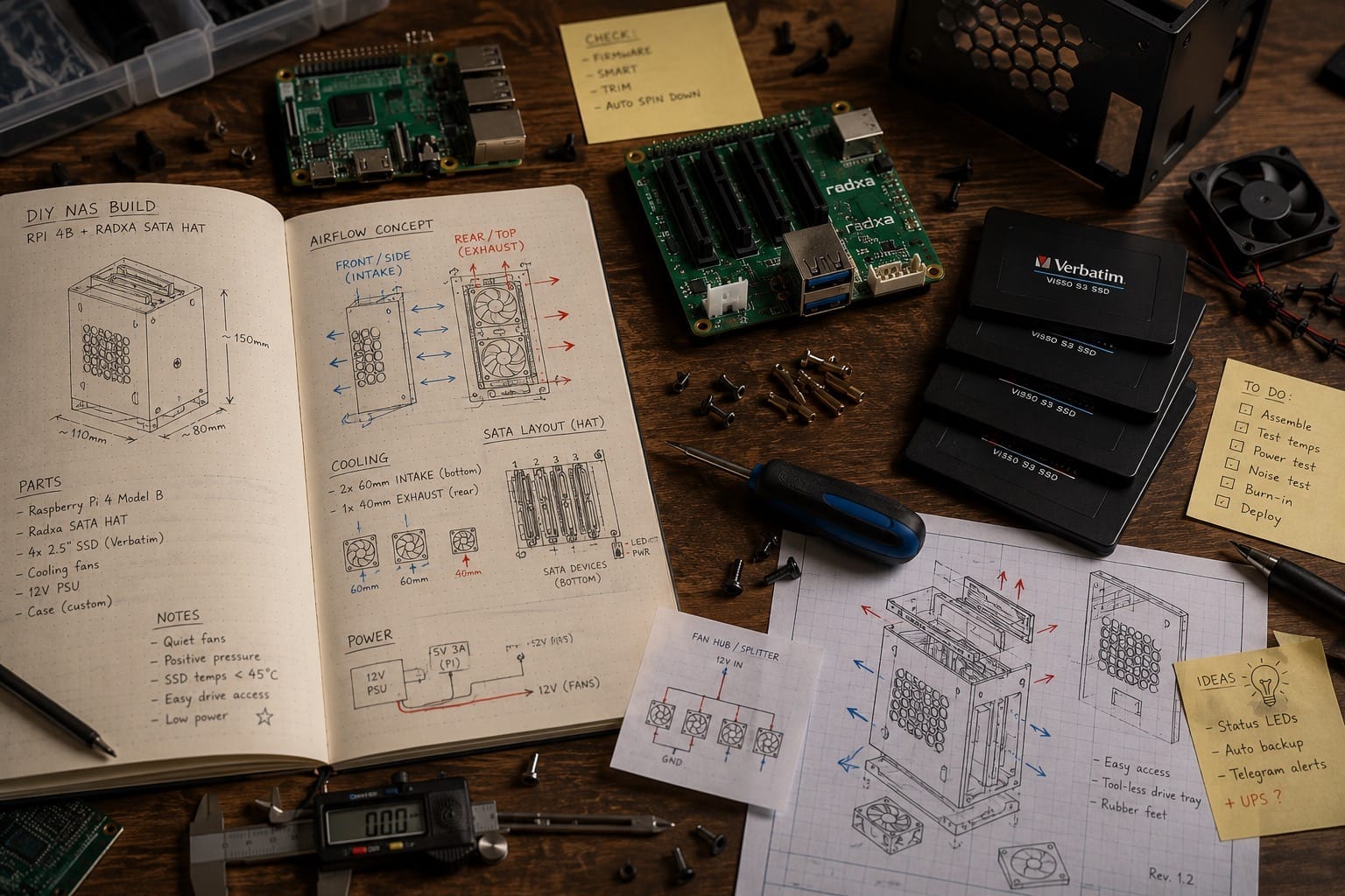 Planning the Raspberry Pi NAS build with Radxa SATA HAT, SSDs, cooling fans, airflow notes, and hardware layout sketches.