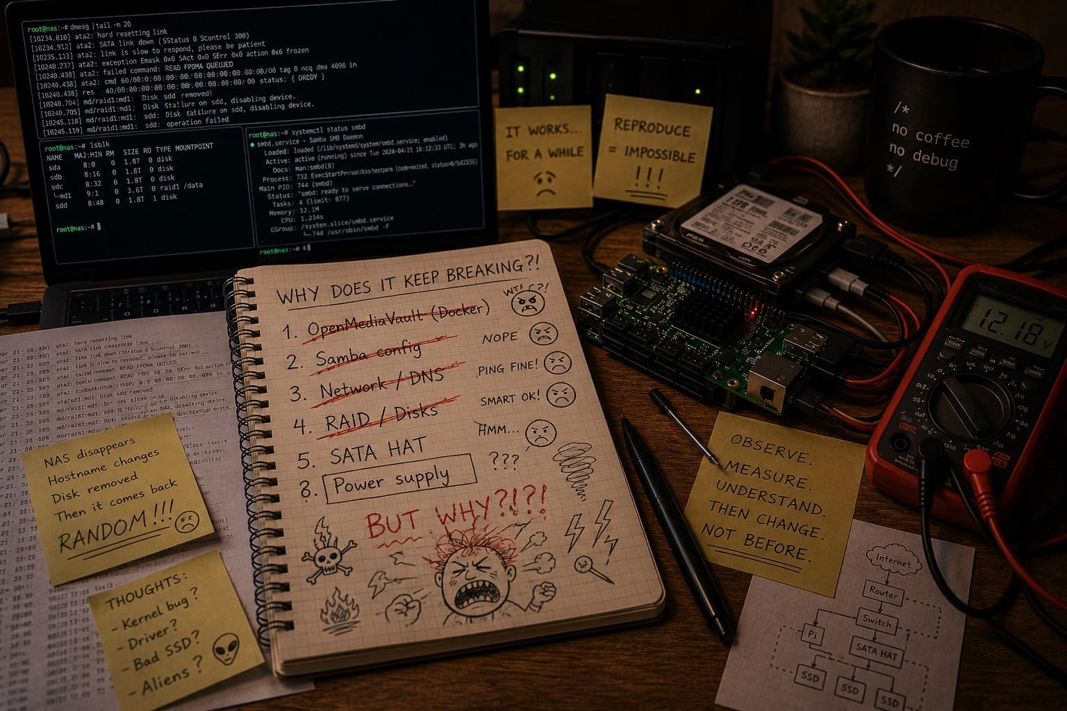 The investigation begins: logs, terminal output, hardware, and increasingly frustrated debugging notes.