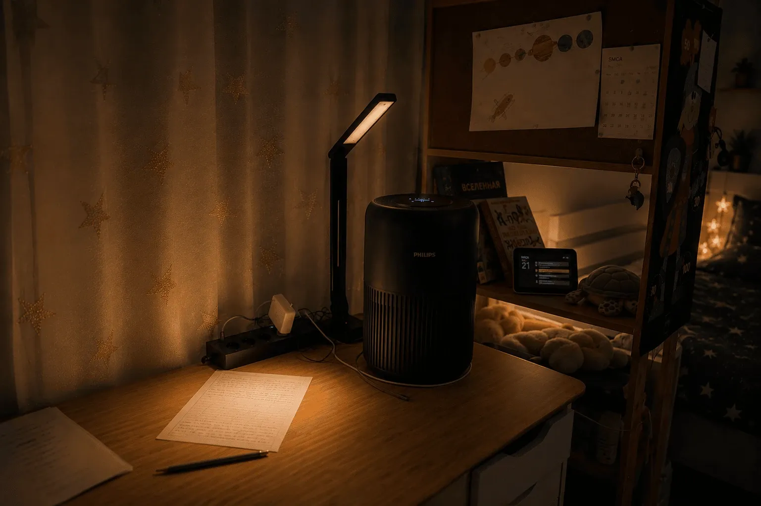Philips air purifier quietly running in a child's room at night, with a subtle SMCA calendar easter egg