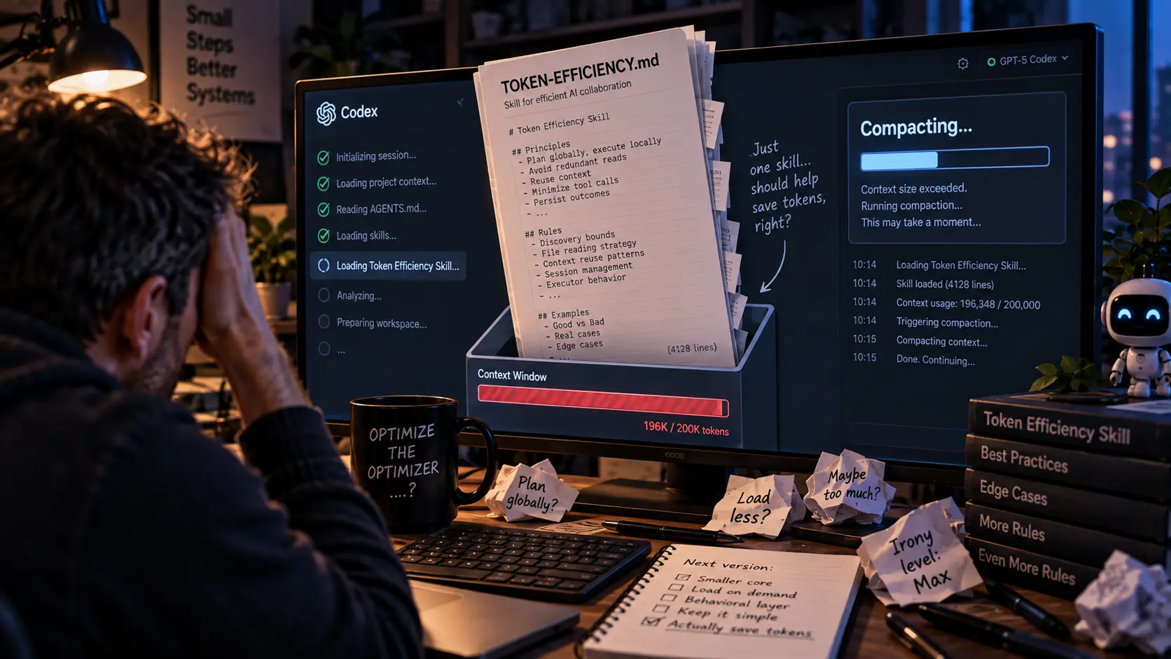 The Token Efficiency skill loads, and Codex immediately starts compacting.