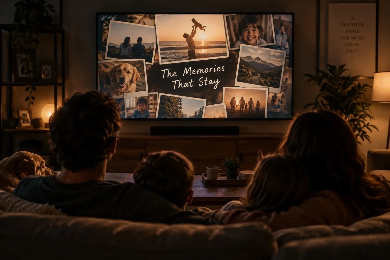 A family looking at a television that shows a shared collection of photographs.