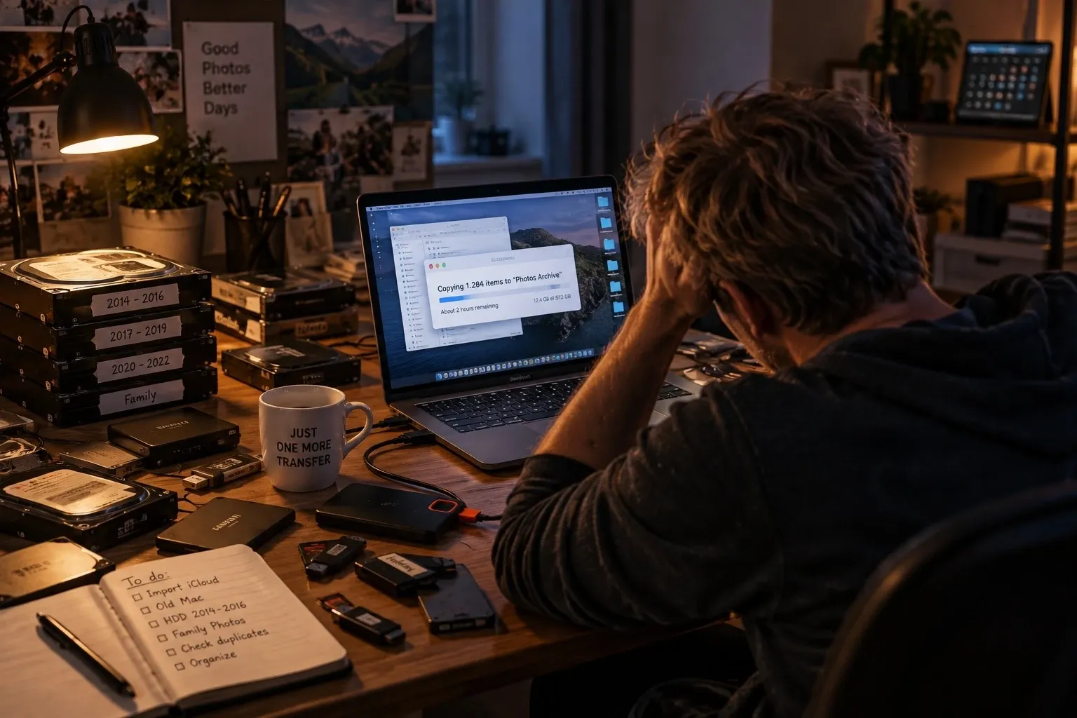A desk crowded with old drives and photo archives while a laptop copies files into a photo library.