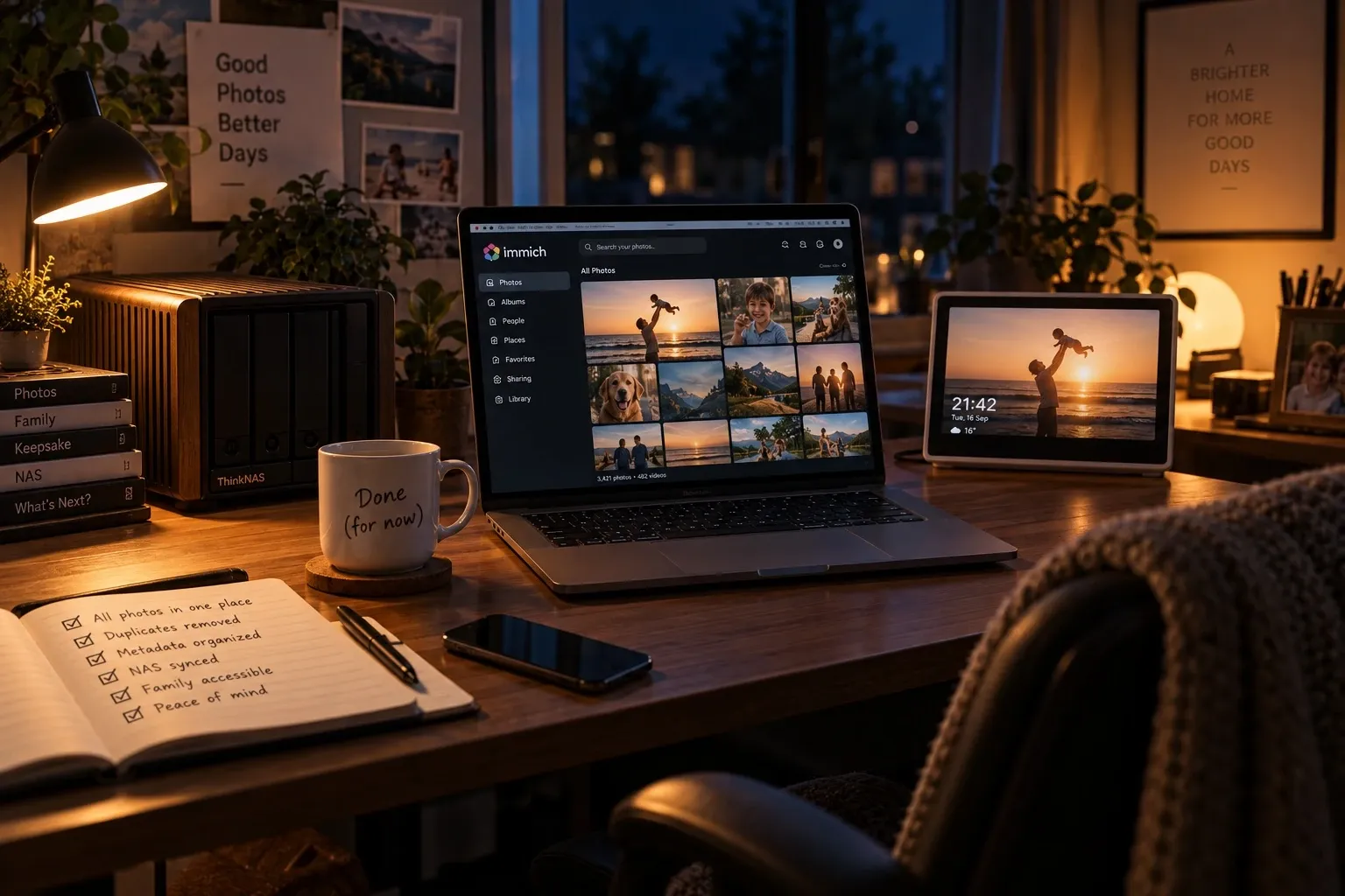 A NAS beside a laptop displaying a photo library and a smart display showing a family photo.