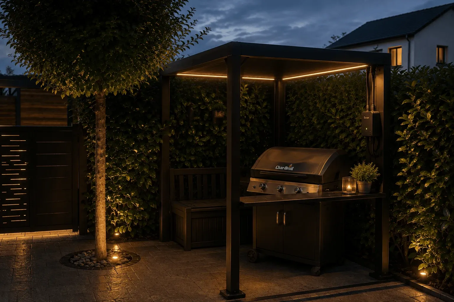 Finished grill area with Char-Broil grill, integrated lighting and a discreet Sonoff-controlled installation