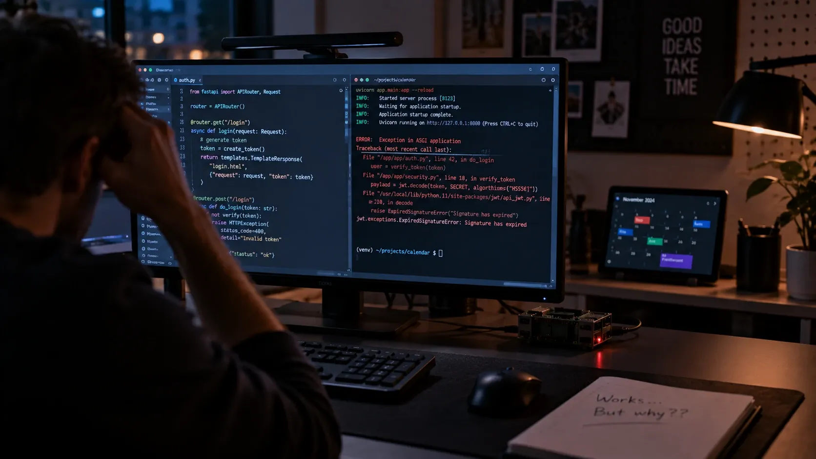 A developer debugging a calendar application beside a Raspberry Pi and a small calendar display.