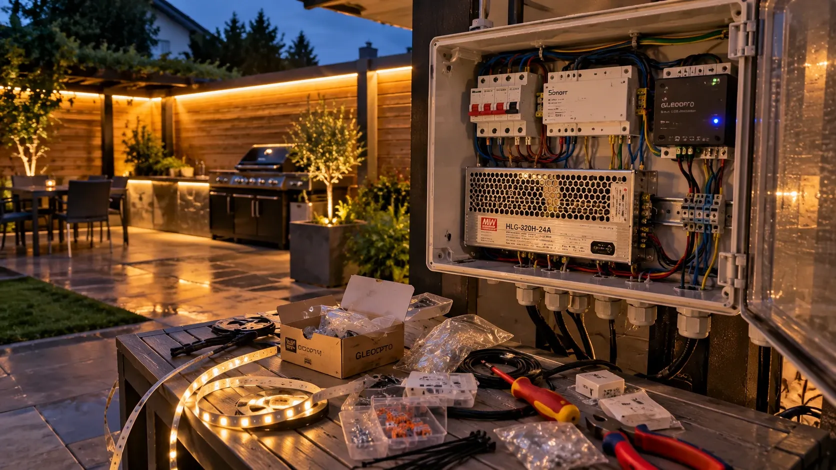 An open outdoor electrical enclosure, controllers and wiring for what started as simple grill-area lighting, with the finished warm lighting visible behind it.