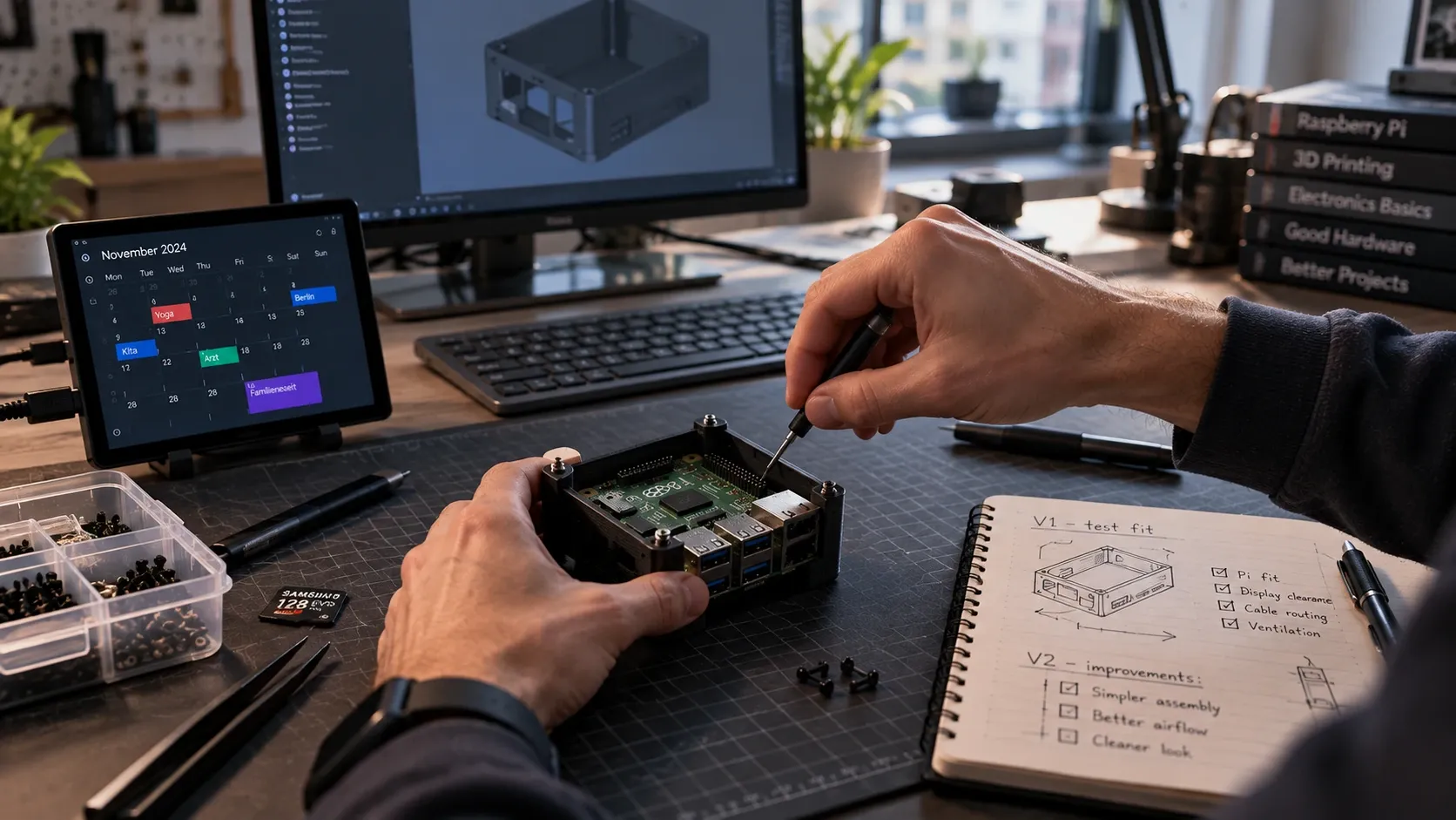 Someone assembling a Raspberry Pi enclosure beside a calendar display and a design on screen.
