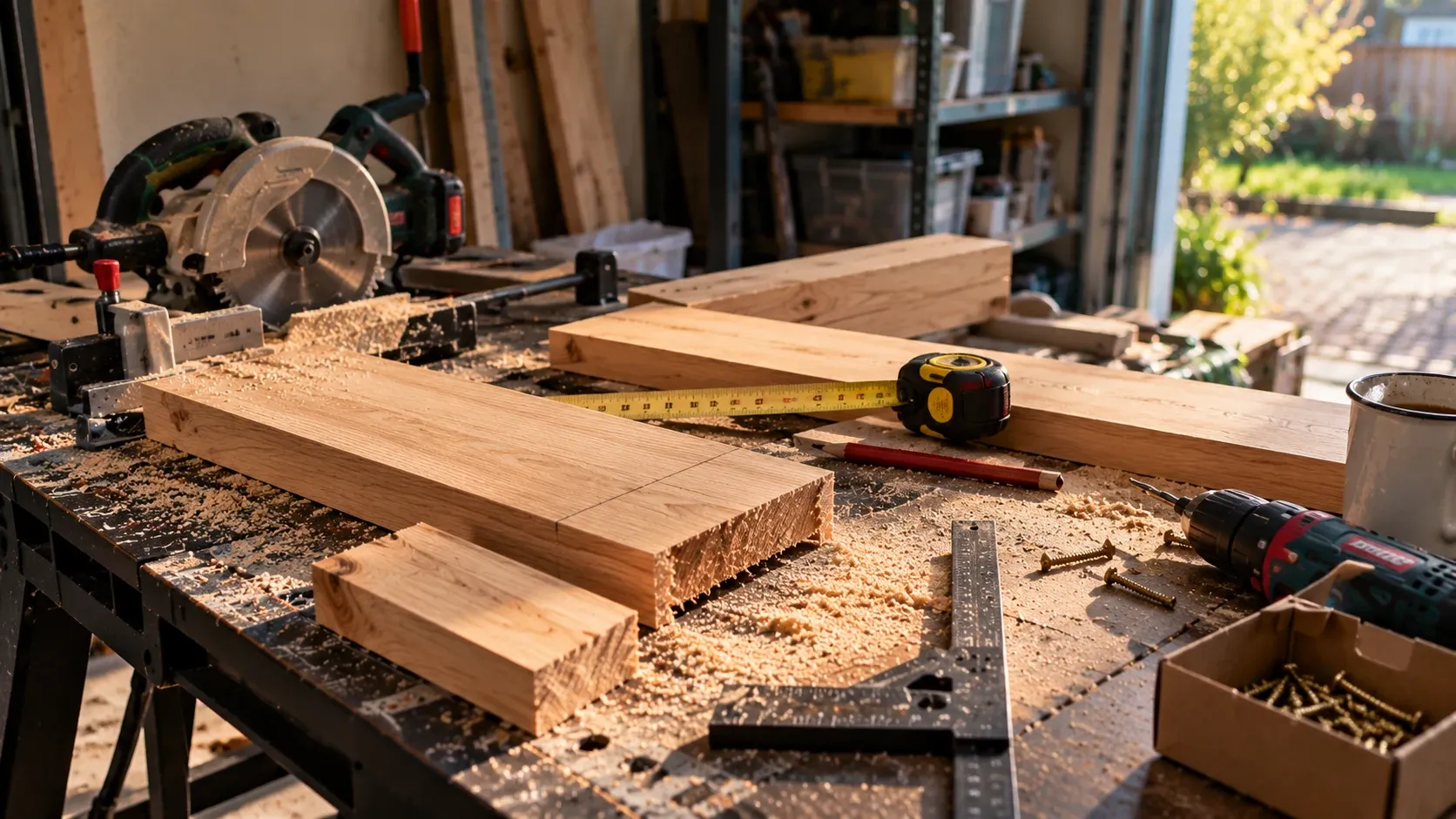 A simple woodworking attempt in progress, with an imperfect cut, pencil marks, sawdust and ordinary tools on a used workbench.
